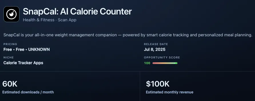 App explorer detail panel with release date, niche, opportunity score, and monthly estimates